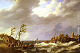 Dutch Canvas Paintings - Dutch Fishing Vessel caught on a Lee Shore with Villagers and a Rescue Boat in the foreground